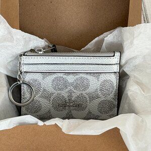 Coach NWT Mini Skinny Id Case In Signature Canvas Silver Key Chain GIFT BOX